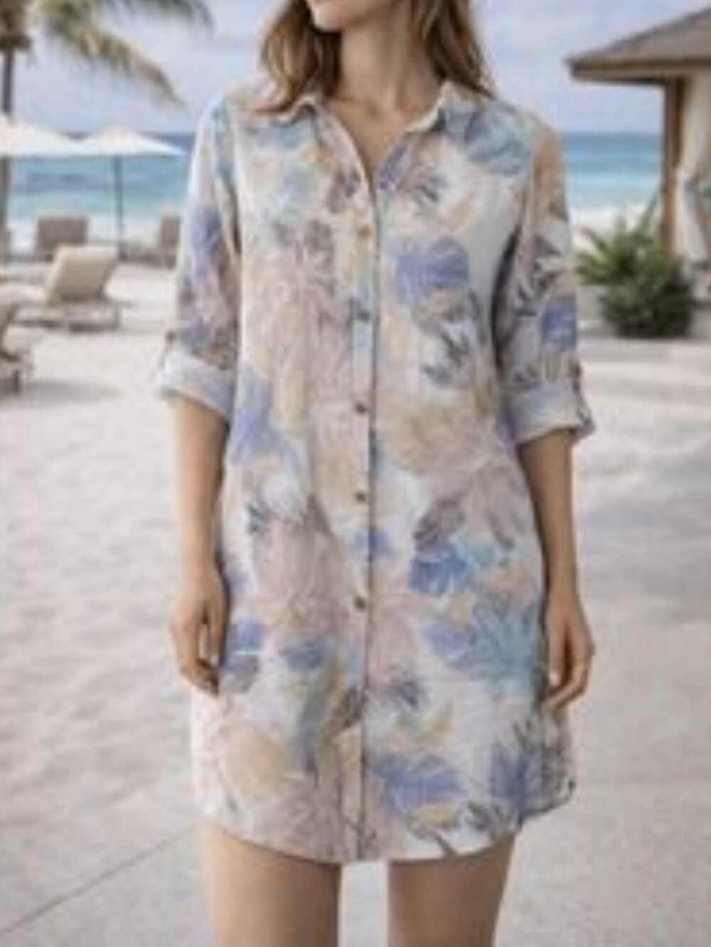 RoseMarine Linen Floral Button-Front Beach Tunic Small
